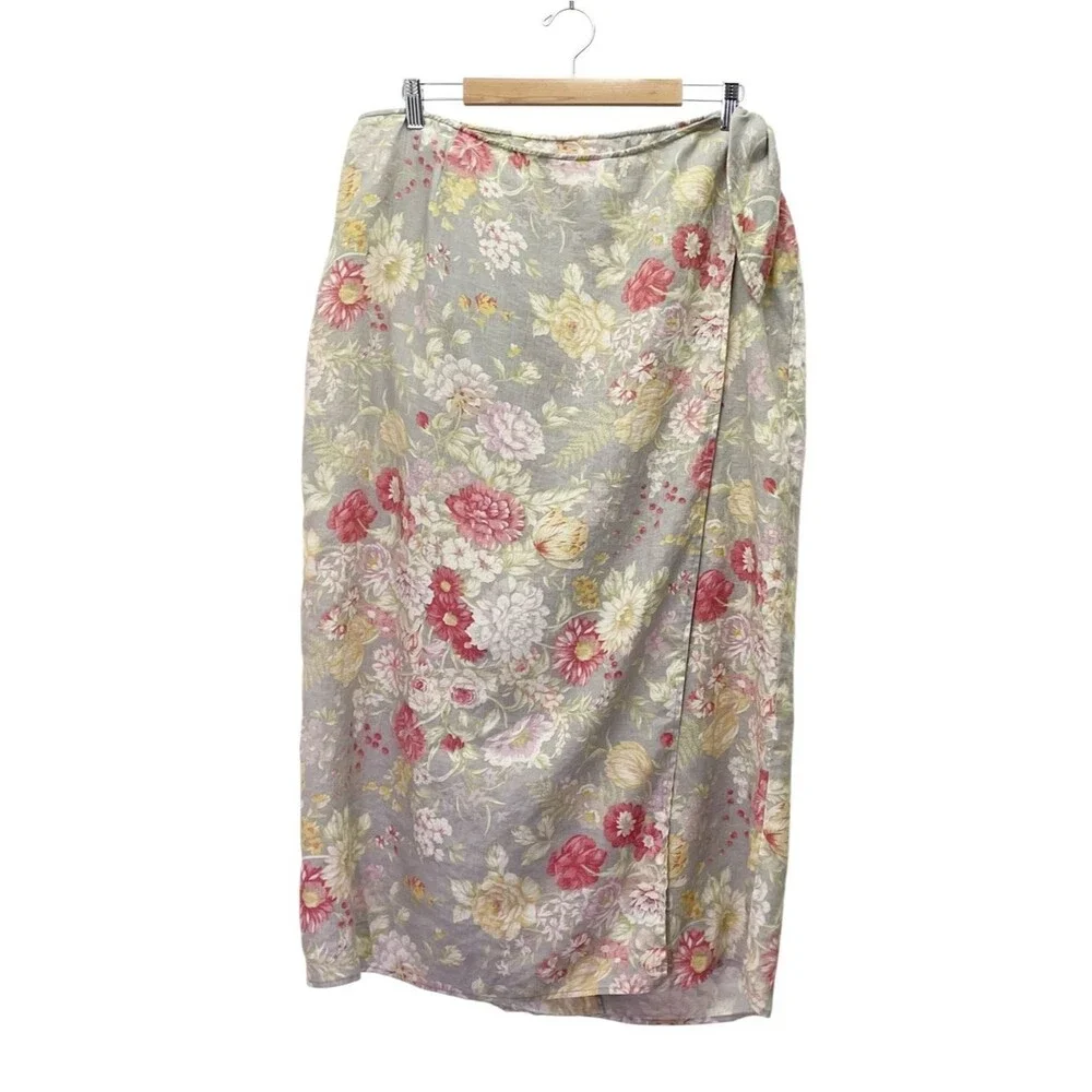 Vintage Lauren Ralph Lauren Floral Linen Wrap Skirt Gray Pink Yellow Sz 18W Midi